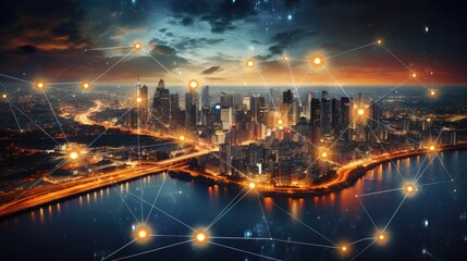 Fototapeta premium Abstract representation of digital business networks connecting through a virtual cityscape