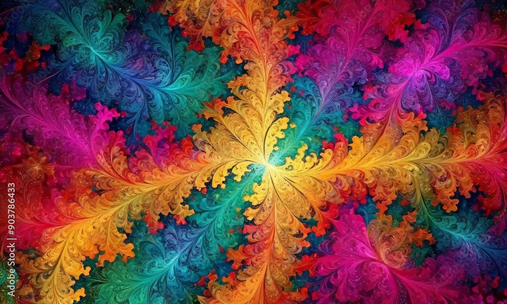 Poster vibrant, abstract featuring symmetrical pattern overlapping branches in various colors, including re