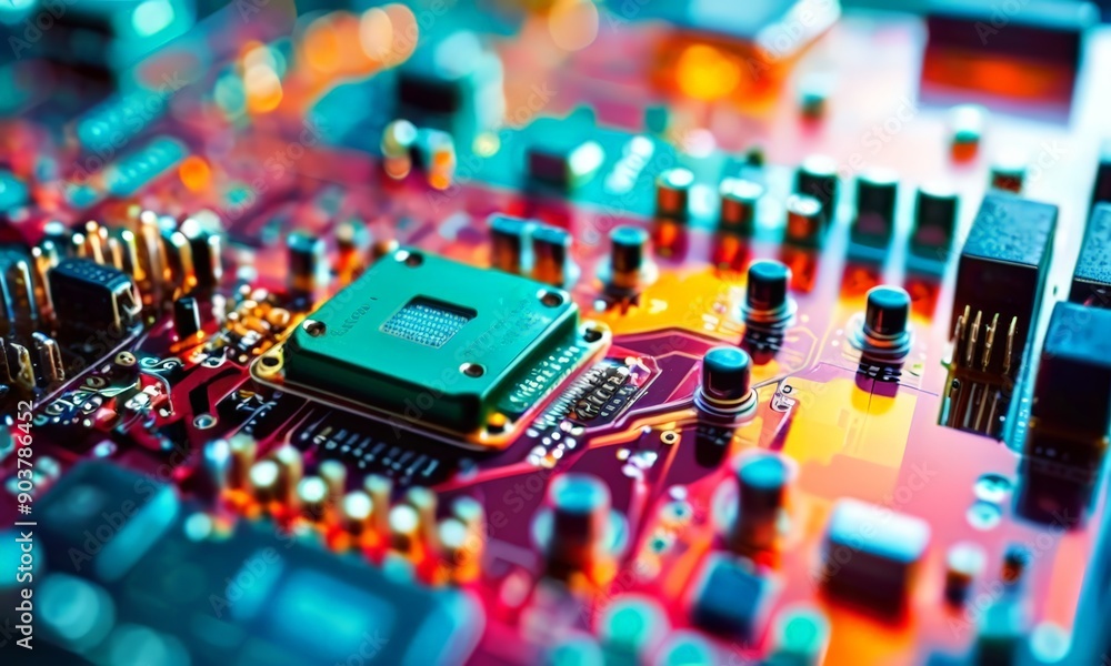 Poster close-up view vibrant, colorful circuit board showcases complex array electronic components and chip