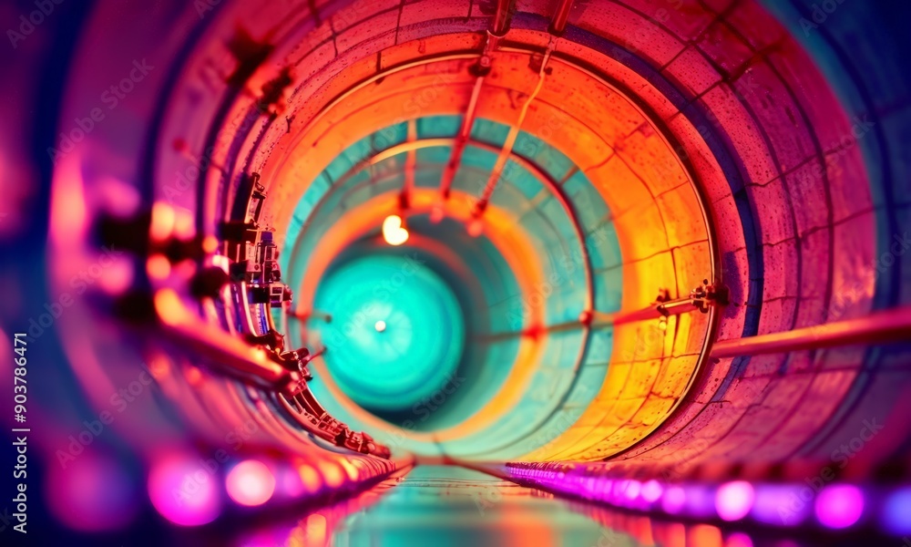 Poster vibrant tunnel with circular pattern blue, orange, and pink lights, creating mesmerizing tunnel-like