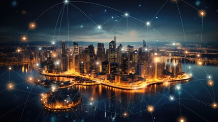 Obraz premium Abstract representation of digital business networks connecting through a virtual cityscape