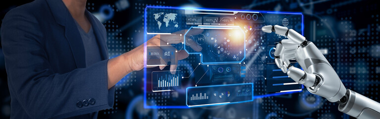 3D rendering robot and Human using Ai digital transformation and connection technology.