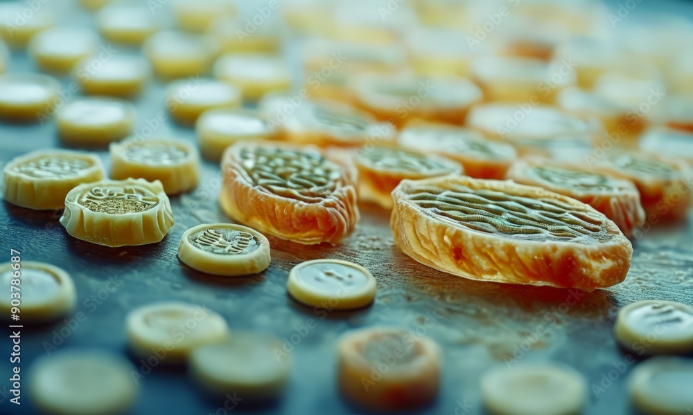 Poster close-up view baking sheet with sliced fruits and nuts arranged in circular pattern, with blurred background.