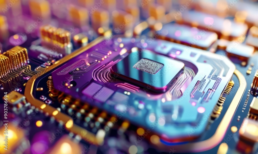Poster close-up view purple and blue circuit board with central processor chip, surrounded by complex netwo