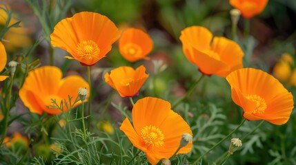 A collection of bright orange flowers growing amidst green grass, perfect for garden or nature-themed designs