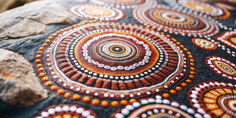 Aboriginal Dot Painting on Rock. Close-up of traditional Aboriginal dot art with vibrant colors and intricate circular patterns painted on a natural rock surface.