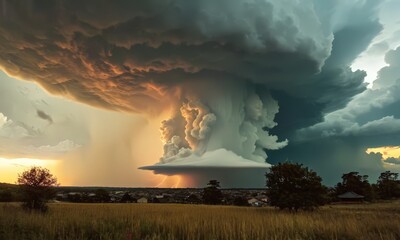 dramatic sky with large, ominous cloud formation looms over rural landscape, with warm sunset casting golden