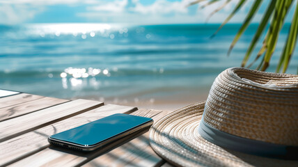 Close-up shot of a smartphone with a customizable screen and a hat on a sunlit wooden beach terrace, perfect for tech and travel themes. Ai generated