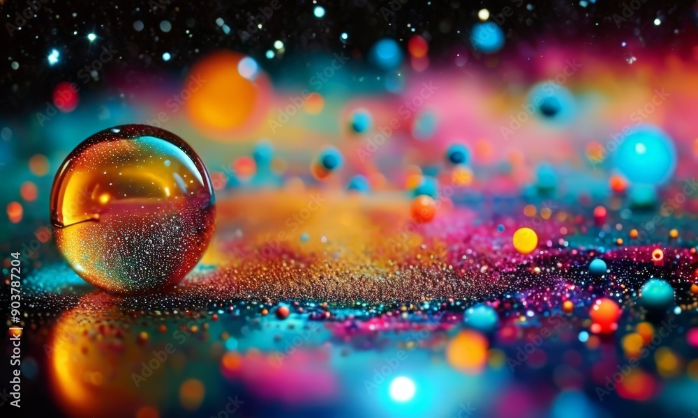 Poster glass sphere rests on reflective surface, surrounded by vibrant array multicolored balls and bubbles