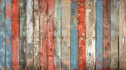 close up horizontal image of worn painted wooden background with colorful vertical stripes