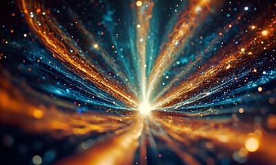 Obraz premium vibrant, abstract featuring central explosion light and color, with radiating beams orange, blue, and white
