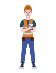Construction worker holding screwdriver. Man in linear flat style.