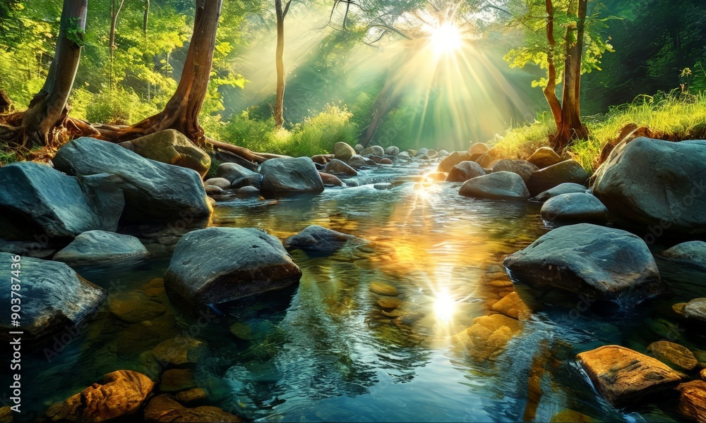 Poster serene forest scene features small stream with rocks, sunlight filtering through the trees, and warm