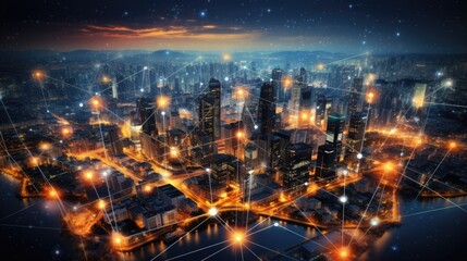 Obraz premium Abstract representation of digital business networks connecting through a virtual cityscape