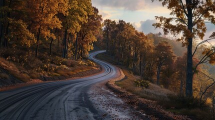 Fototapeta premium Serene Country Road in Autumn with Colorful Trees and Gentle Curves