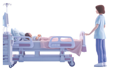 Illustration of a nurse with patient in the bed isolated on a transparent background, PNG