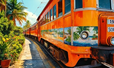 Obraz premium orange train with tropical mural travels along curved track, surrounded by lush greenery and palm trees.