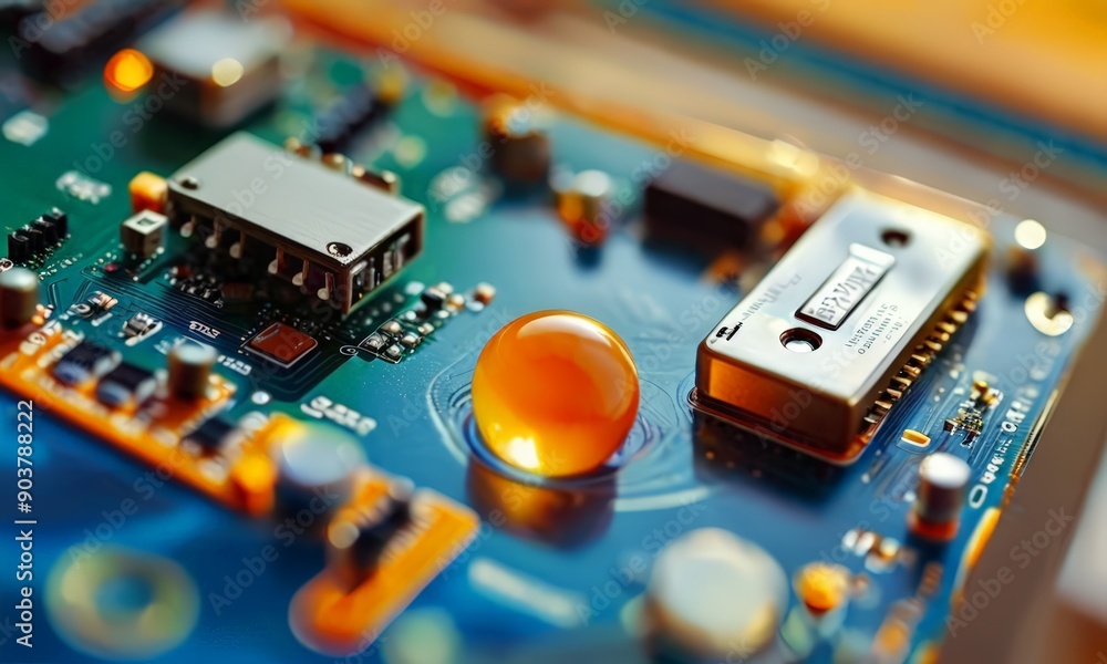 Poster close-up view circuit board features central orange sphere, surrounded by various electronic compone