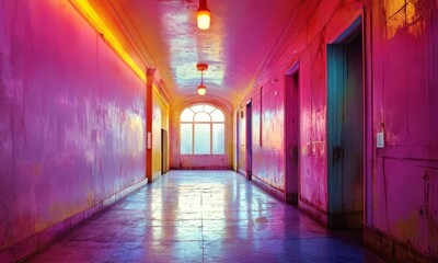 long, dimly lit hallway with pink walls and yellow floor, featuring large arched window and two doors on the
