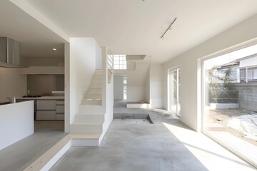 Fototapeta premium Modern Minimalist Interior Design with Concrete Floor and Staircase