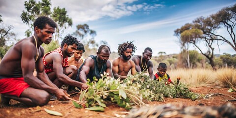 Aboriginal people gathering bush food in outback Australia. A group of aboriginal men crouch in a dry, grassy field, examining and gathering various native plants and fruits.