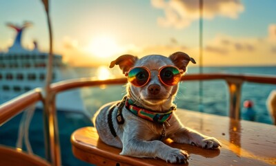 small dog, wearing sunglasses, sits on wooden deck, gazing at the camera with cruise ship in the background.