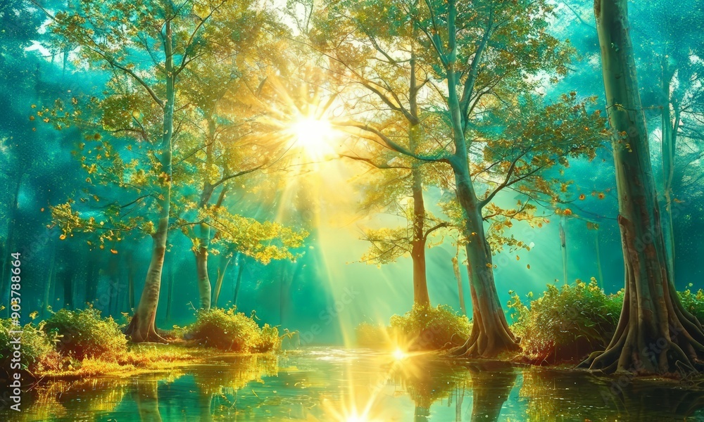 Poster serene forest scene with sunlight filtering through the trees, casting warm glow on the water and cr