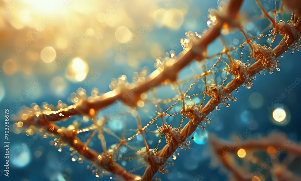 Poster close-up view branch with water droplets, creating shimmering effect against blurred blue background