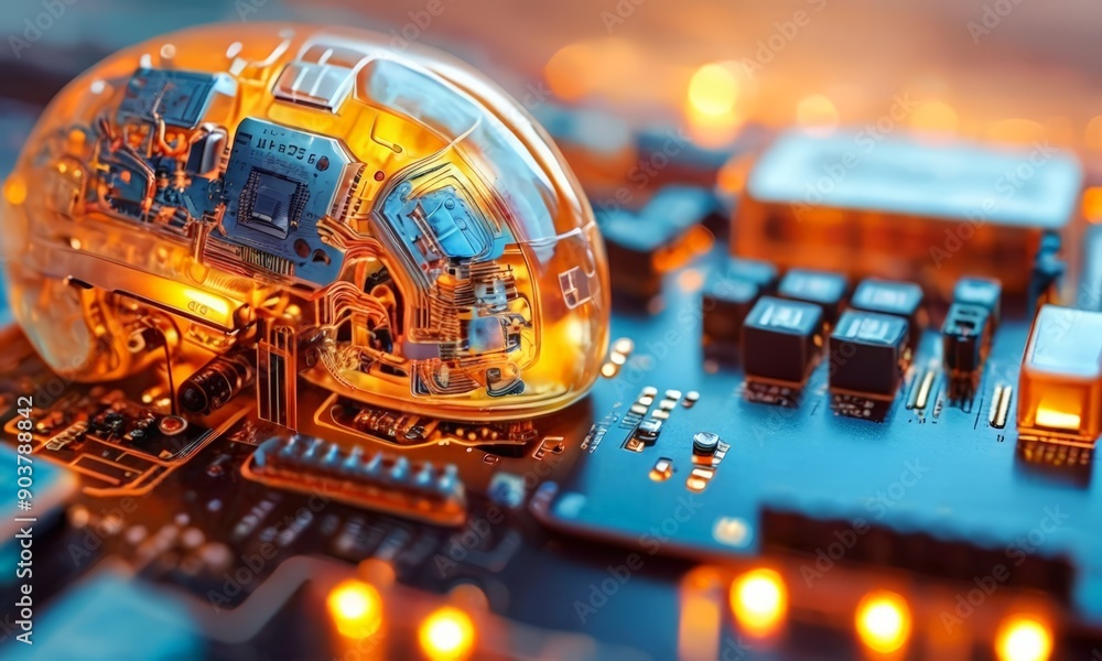 Poster close-up view circuit board with transparent dome-shaped object, surrounded by electronic components