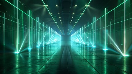 Neon Laser Light Display in a Futuristic Warehouse Setting at Night