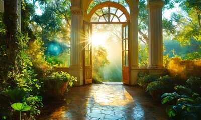 Obraz premium sunlit garden path leads to wooden archway, framed by lush greenery and blue sky, with warm glow from the sun