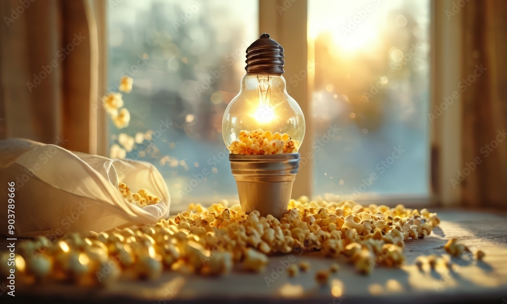 Poster light bulb filled with popcorn sits on table, surrounded by scattered popcorn kernels, with window a