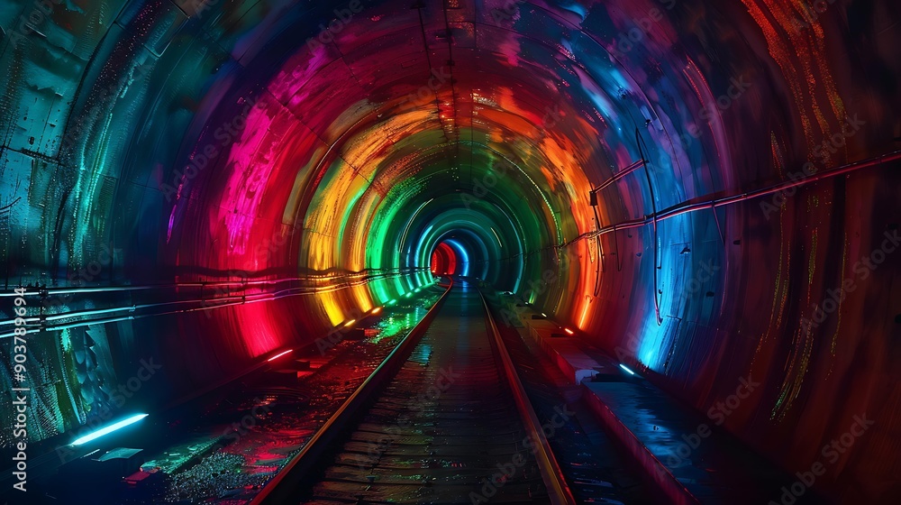 Poster a dark tunnel illuminated by a spectrum of rainbow colors creating a vibrant, surreal atmosphere