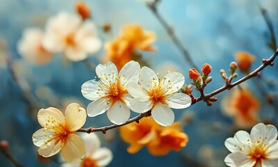 Fototapeta premium close-up view delicate white and orange flowers on branch, with blurred blue background.