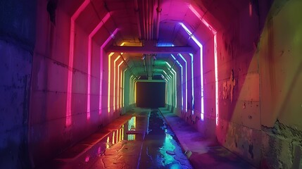 A long, dark tunnel with glowing rainbow hues cascading down the walls and ceiling