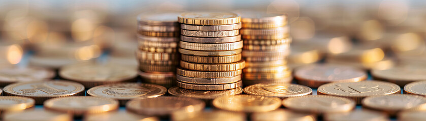 Stacks of coins arranged on a table, representing wealth, investment, and financial growth opportunities in a bright setting.