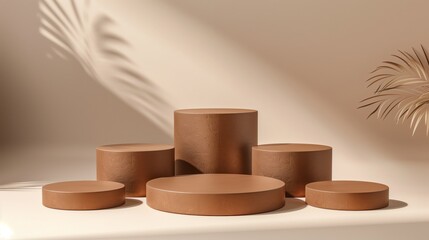 Six Minimalist Brown Khaki Toned Round Podiums for Product Presentation on Empty Background. Ideal for E-commerce and Advertising Displays, Showcasing Minimalist Style and Elegance