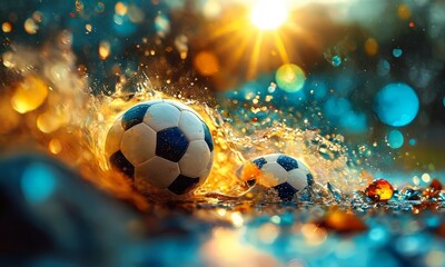 Fototapeta premium Two soccer balls, one larger and one smaller, are captured in motion, with the larger ball kicking up spray