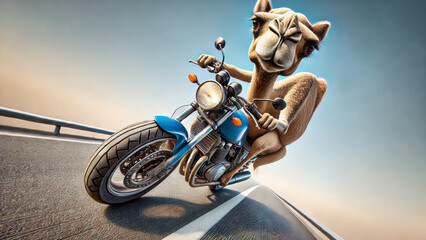 Naklejka premium A humorous depiction of a camel riding a blue motorcycle on a curvy road. The camel grips the handlebars confidently, creating a whimsical and surreal scene against a clear sky background.