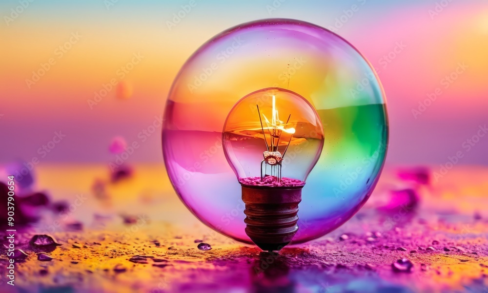 Poster lightbulb encased in rainbow-colored bubble, with warm glow, is set against gradient background tran