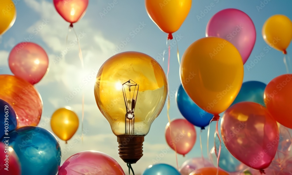 Poster cluster colorful balloons floats in the sky, with single light bulb-shaped balloon in the center, cr