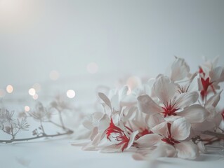 Delicate white flowers with red details rest on a soft, blurred background, evoking serenity and springtime beauty