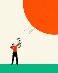 Businessman using archery in direction of abstract target. Precision and focus and achieving goals, strategic aiming, skills. Contemporary art collage. Concept of business, innovation and strategy