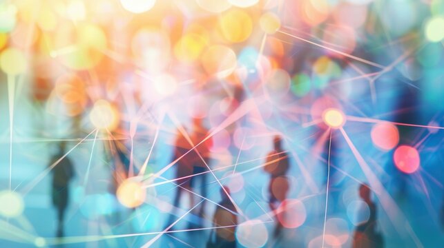 Softly blurred background depicts vibrant connectivity among teams using virtual collaboration tools