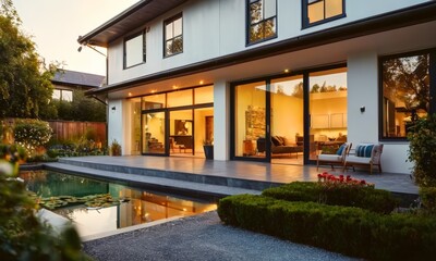 Obraz premium modern house with large windows, pool, and well-maintained garden is bathed in warm light, creating serene