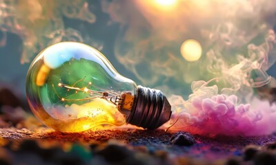 Fototapeta premium light bulb with glowing green and yellow interior lies on bed rocks, surrounded by cloud pink smoke and warm,