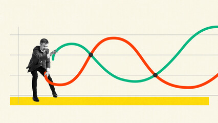 Businessman navigating multicolored line chart, symbolizing analytics and strategy building, tracking innovation, planning. Contemporary art collage. Concept of business, achievement, progress