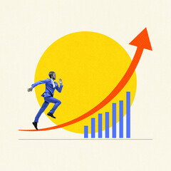 Businessman running on red arrow going upwards bar chart, symbolizing growth, chasing goals and...