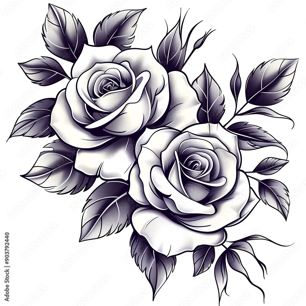 Wall mural a black and white rose tattoo with a leafy stem. the tattoo is of two roses, one on the left and one