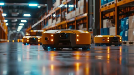 Fototapeta premium Automated robots moving packages in a modern warehouse